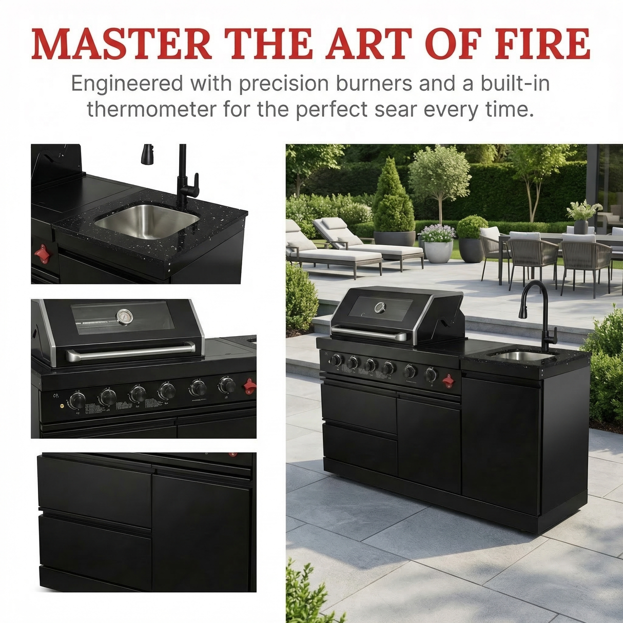 65" Outdoor Kitchen with 4-Burner Grill, Round Side Burner & Refrigerator – Black