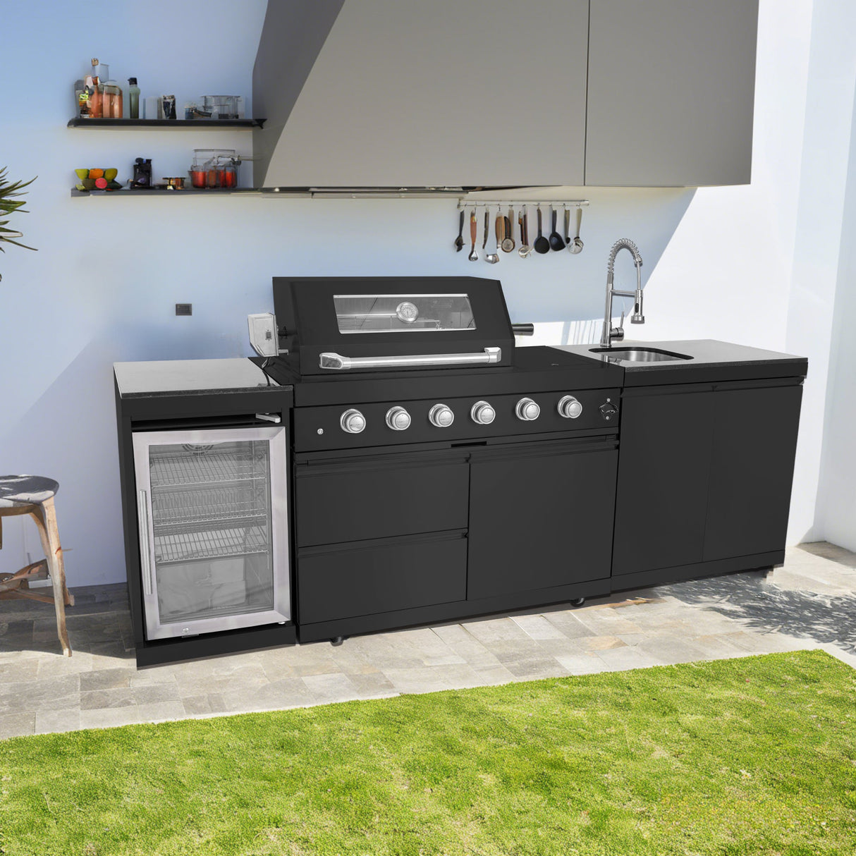 104" Propane Outdoor Kitchen with 4-Burner Grill, Refrigerator & Storage – Black