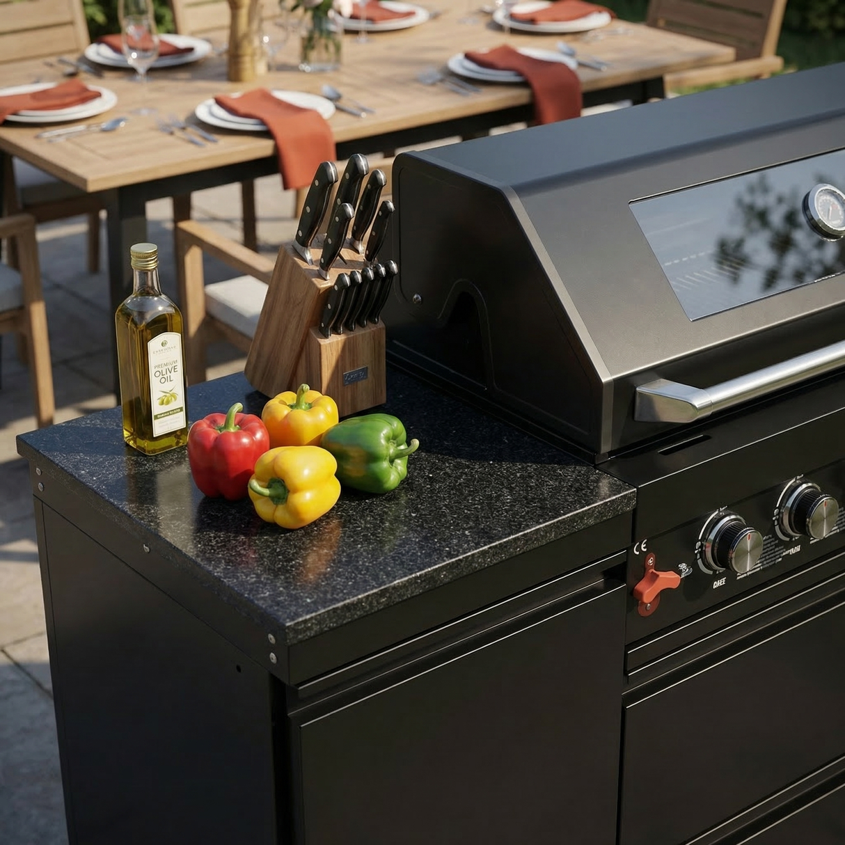 63" Six-Zone 85,000 BTU Outdoor Kitchen with Refrigerator & Marble Countertops – Black