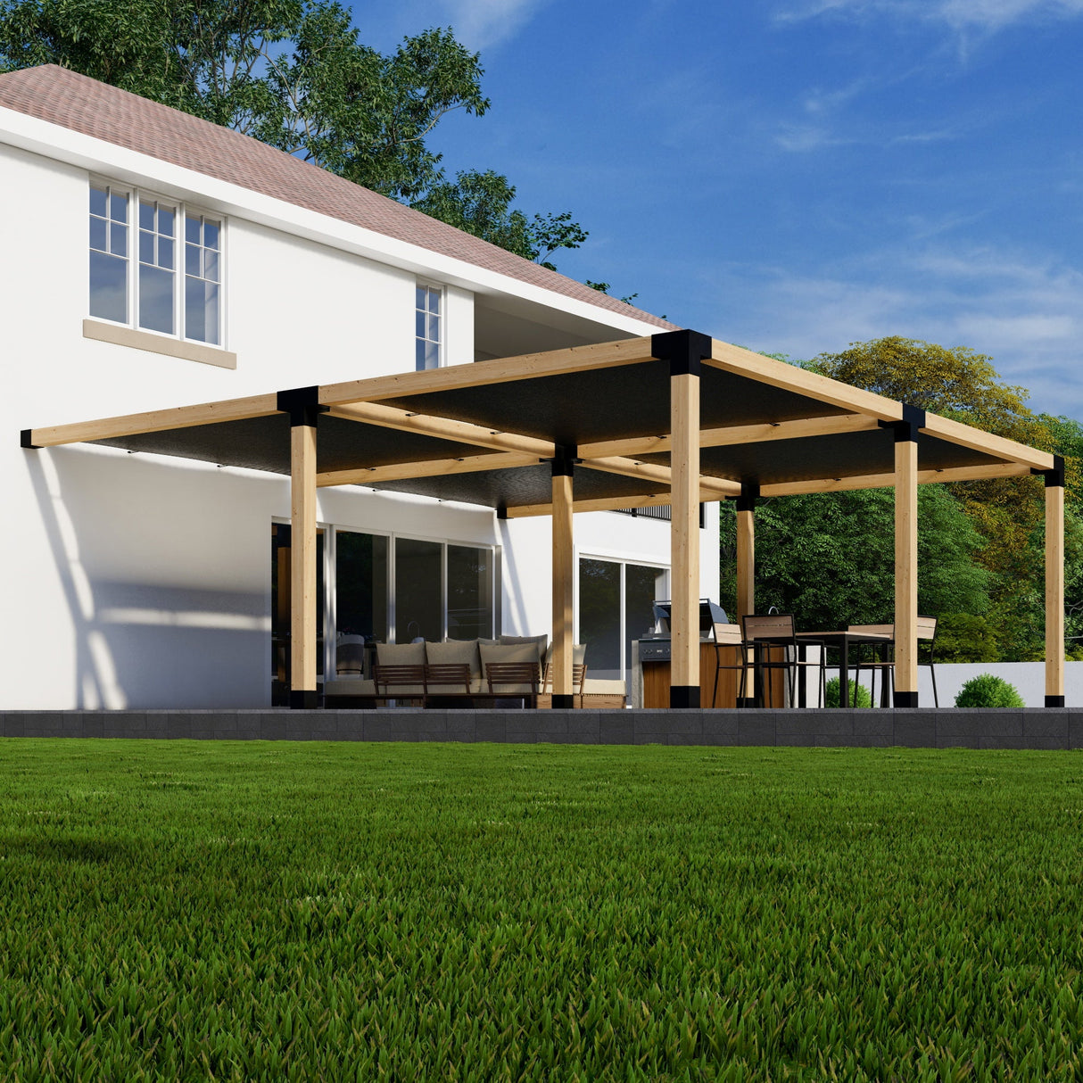 Zen DIY Attached Pergola Kit with Four Shade Canopies – Up to 24' × 24'