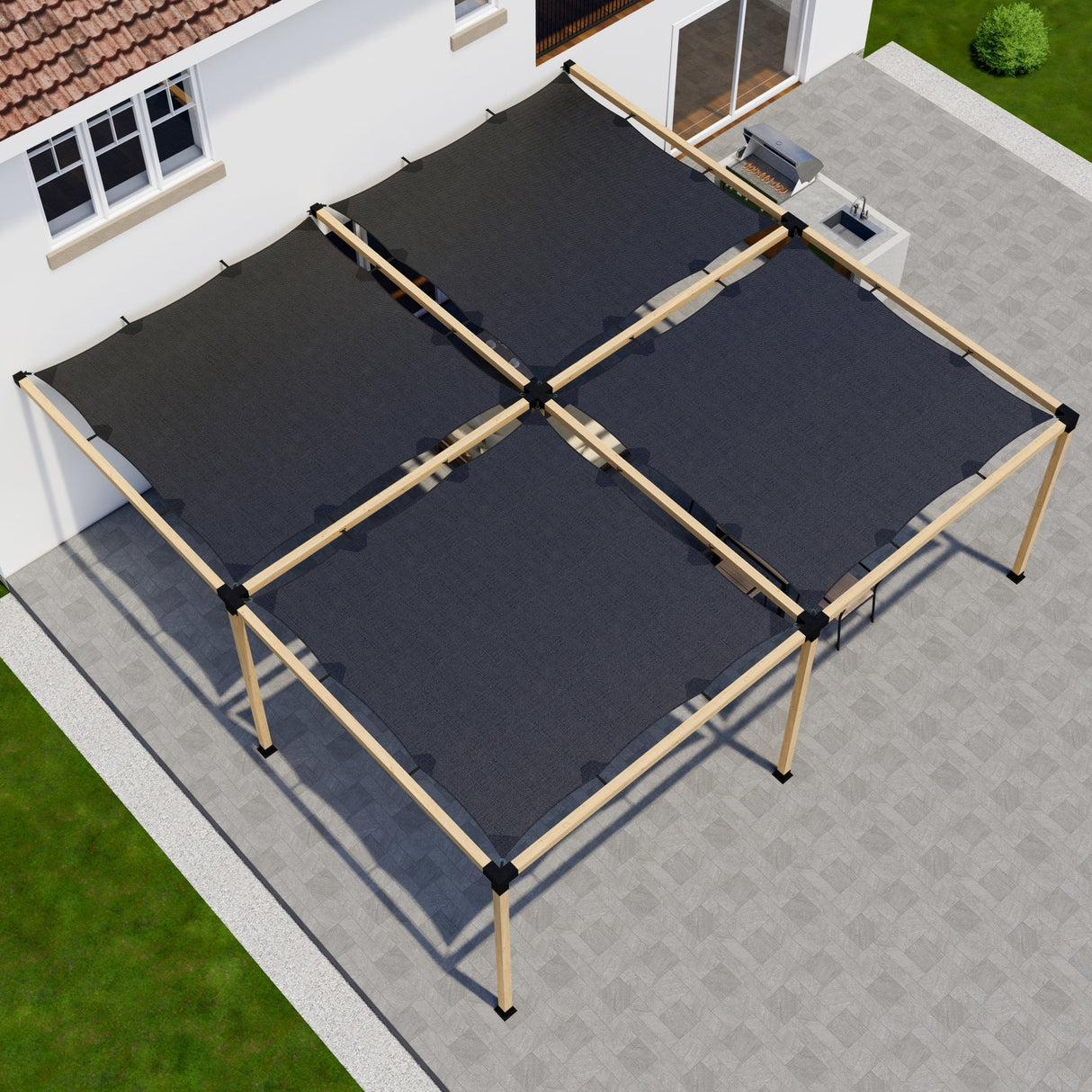 Zen DIY Attached Pergola Kit with Four Shade Canopies – Up to 24' × 24'