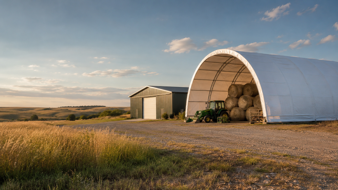 Fabric shelter and metal storage building on a Kansas farm with hay bales and a tractor