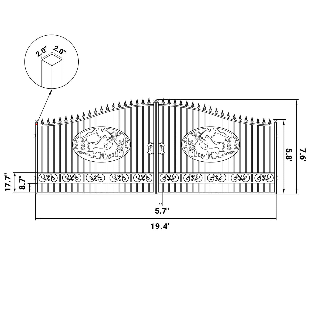 20' × 8' Steel Dual-Swing Driveway Gate with Deer Motif – Black