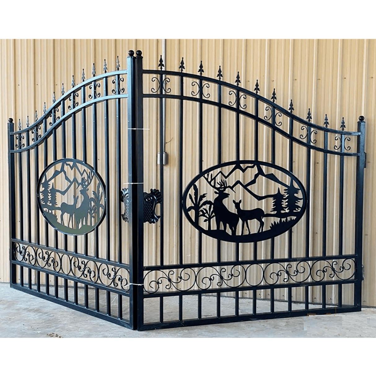 14' × 8' Steel Dual-Swing Driveway Gate with Deer Motif – Black
