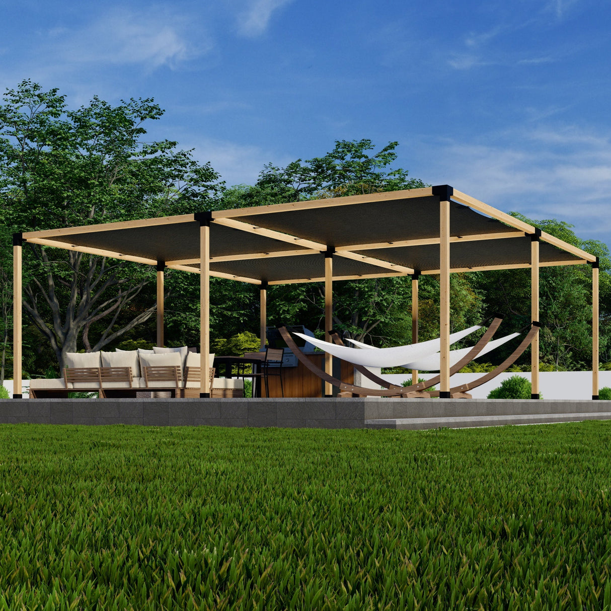 Zen DIY Freestanding Pergola Kit with Four Shade Canopies – Up to 24' × 24'