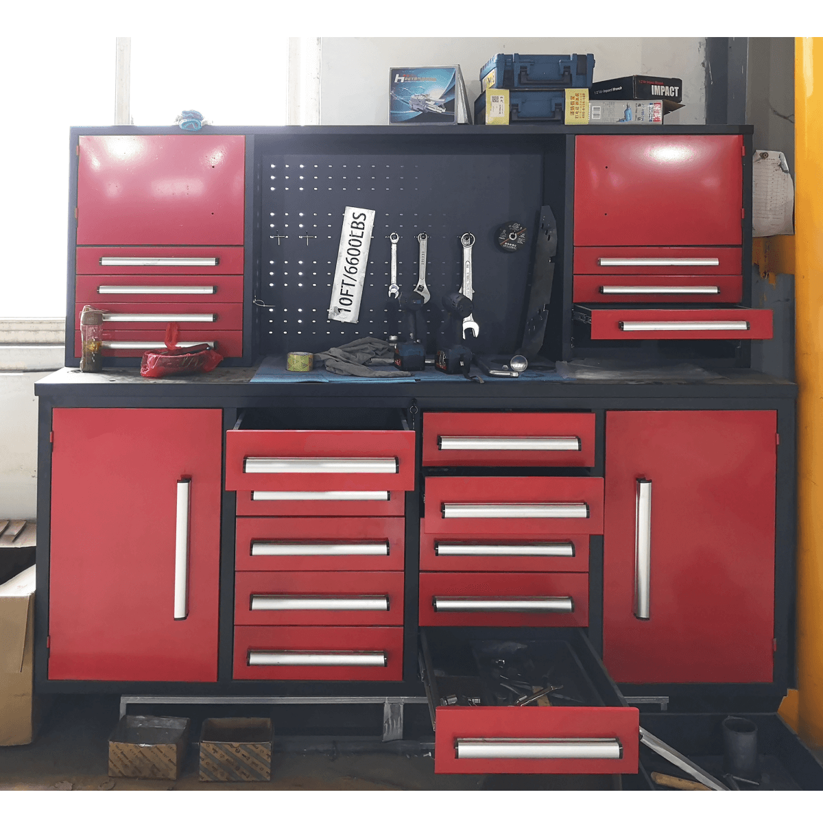 7' Heavy-Duty Garage Workbench Cabinet with 18 Drawers, 4 Cabinets & Pegboard