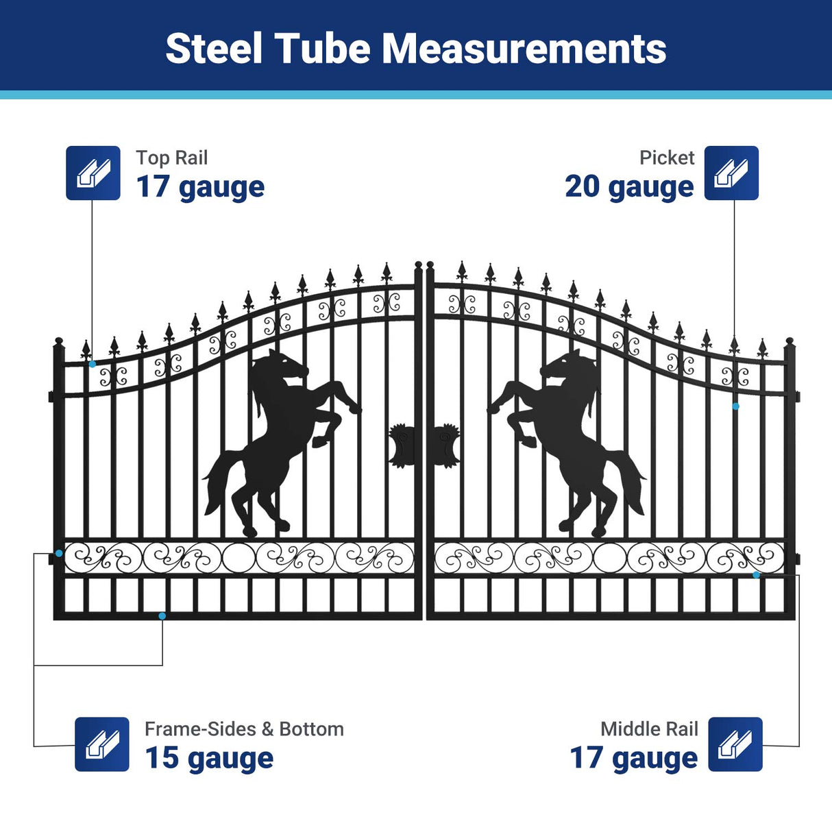 14' × 8' Galvanized-Steel Dual-Swing Driveway Gate with Horse Design