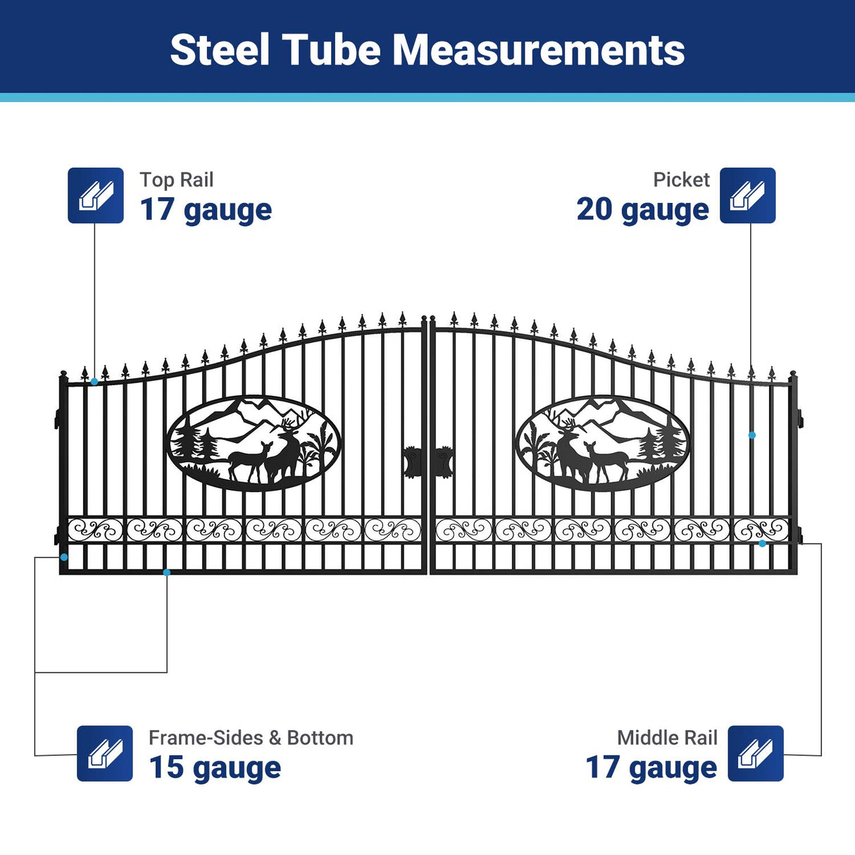 20' × 8' Steel Dual-Swing Driveway Gate with Deer Motif – Black