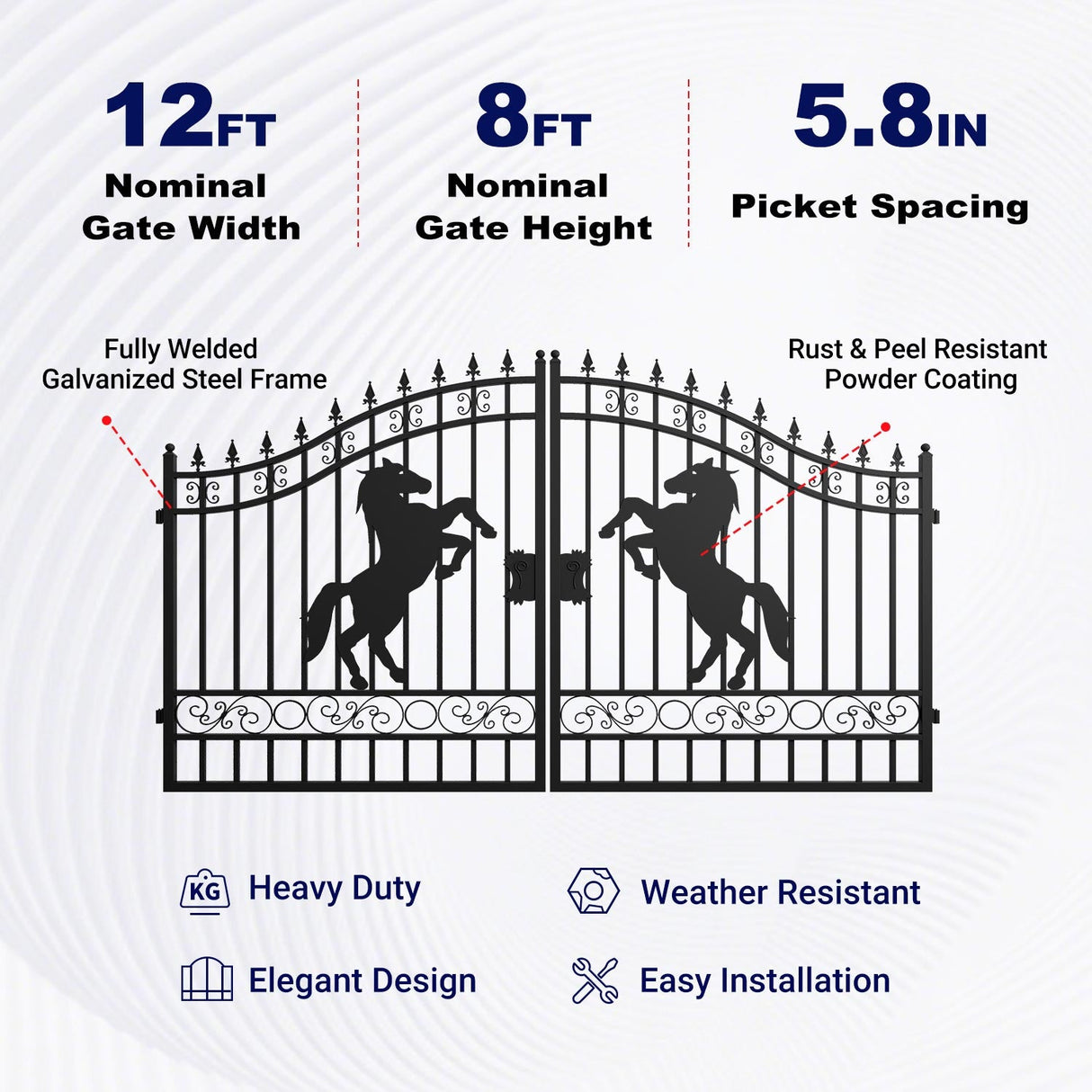 12' × 8' Horse-Pattern Galvanized-Steel Dual-Swing Driveway Gate