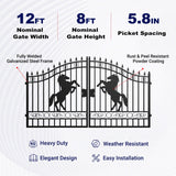 12' × 8' Horse-Pattern Galvanized-Steel Dual-Swing Driveway Gate