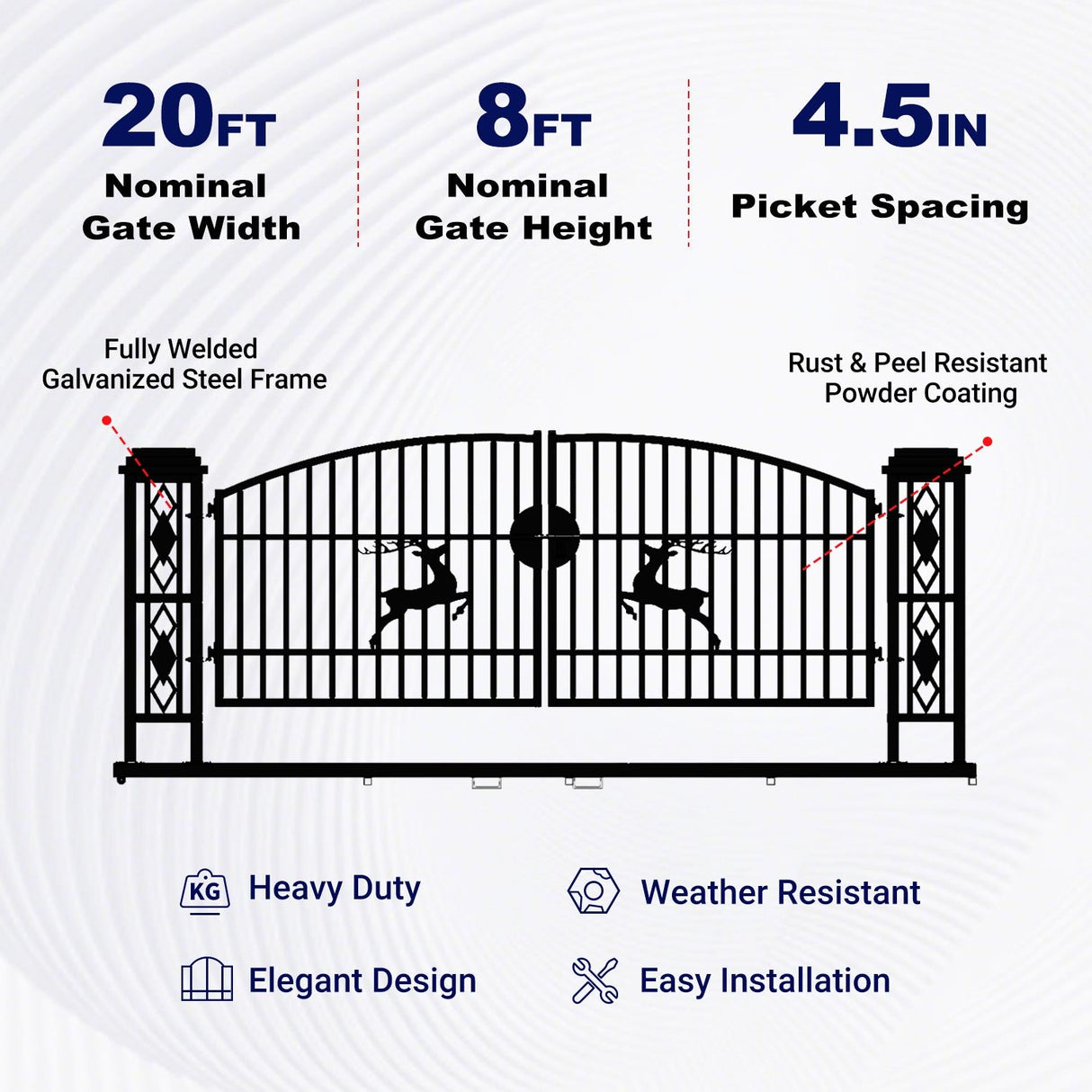 20' × 8' Powder-Coated Iron Dual-Swing Driveway Gate with Deer Motif
