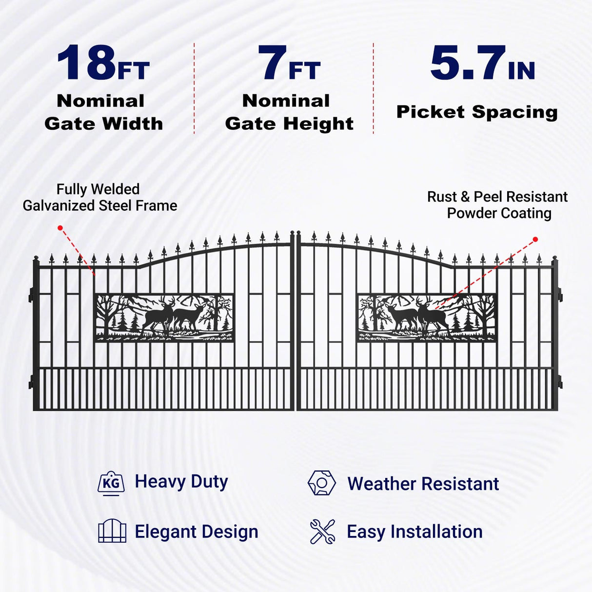 18.7' × 7.1' Powder-Coated Dual-Swing Driveway Gate with Deer Design