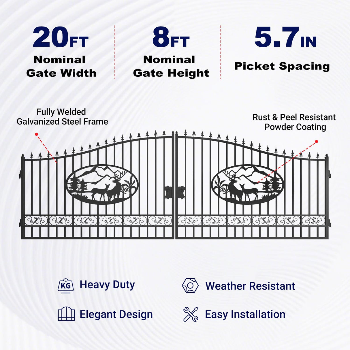 20' × 8' Steel Dual-Swing Driveway Gate with Deer Motif – Black