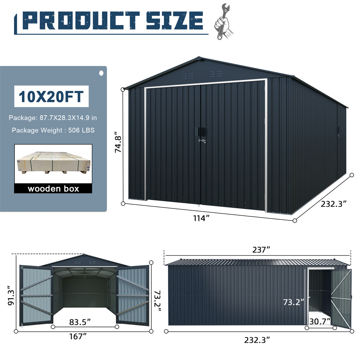 10' × 20' Plus Metal Garage Shed with Double Front Doors & Side Entry