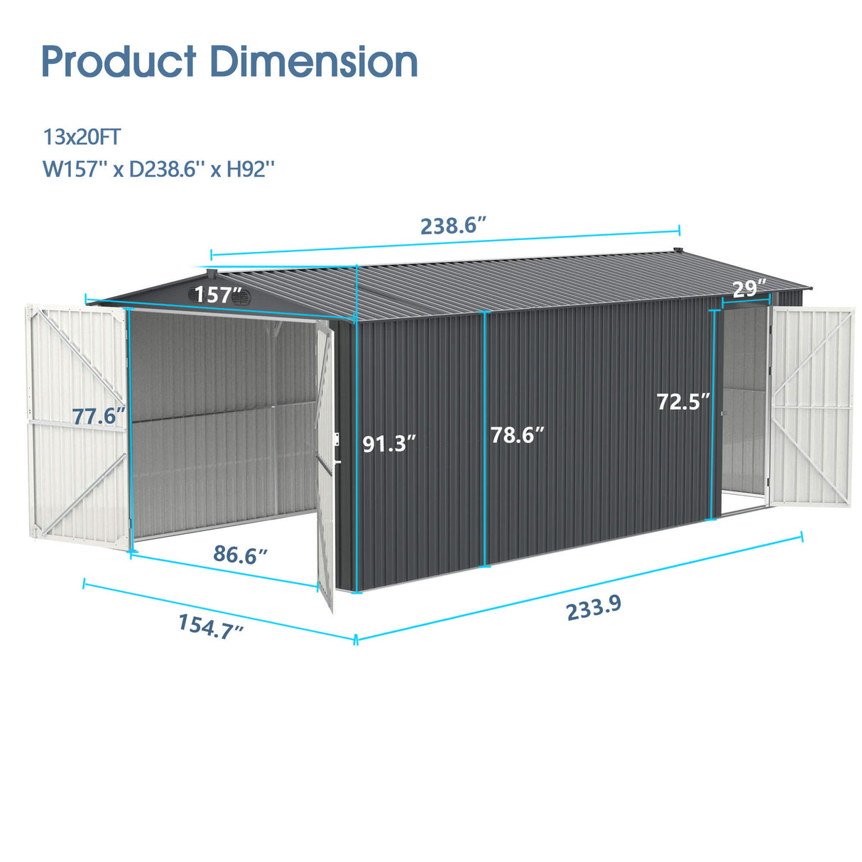 13' × 20' Galvanized-Steel Storage Shed with Double Front Doors & Side Entry
