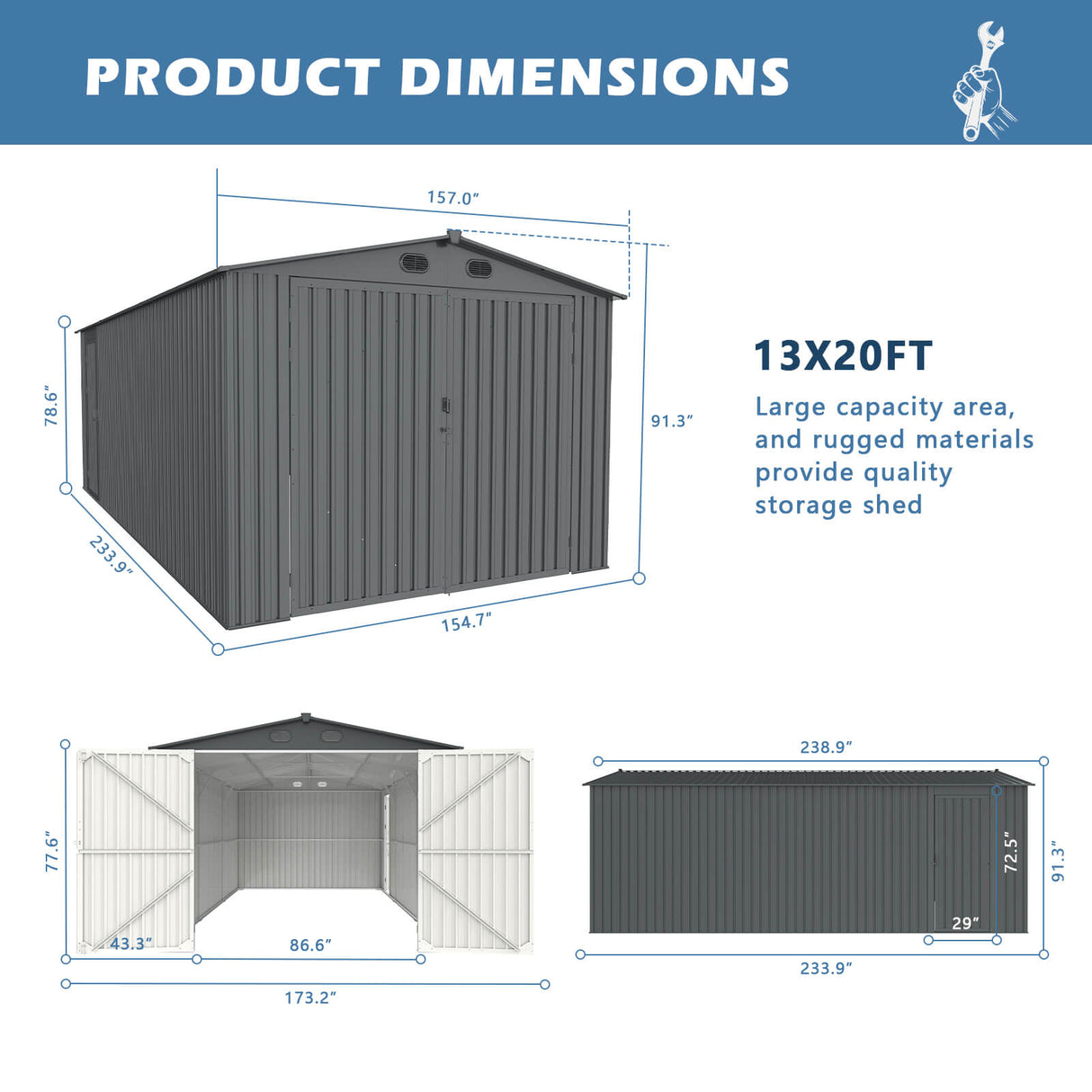 13' × 20' Galvanized-Steel Storage Shed with Double Front Doors & Side Entry
