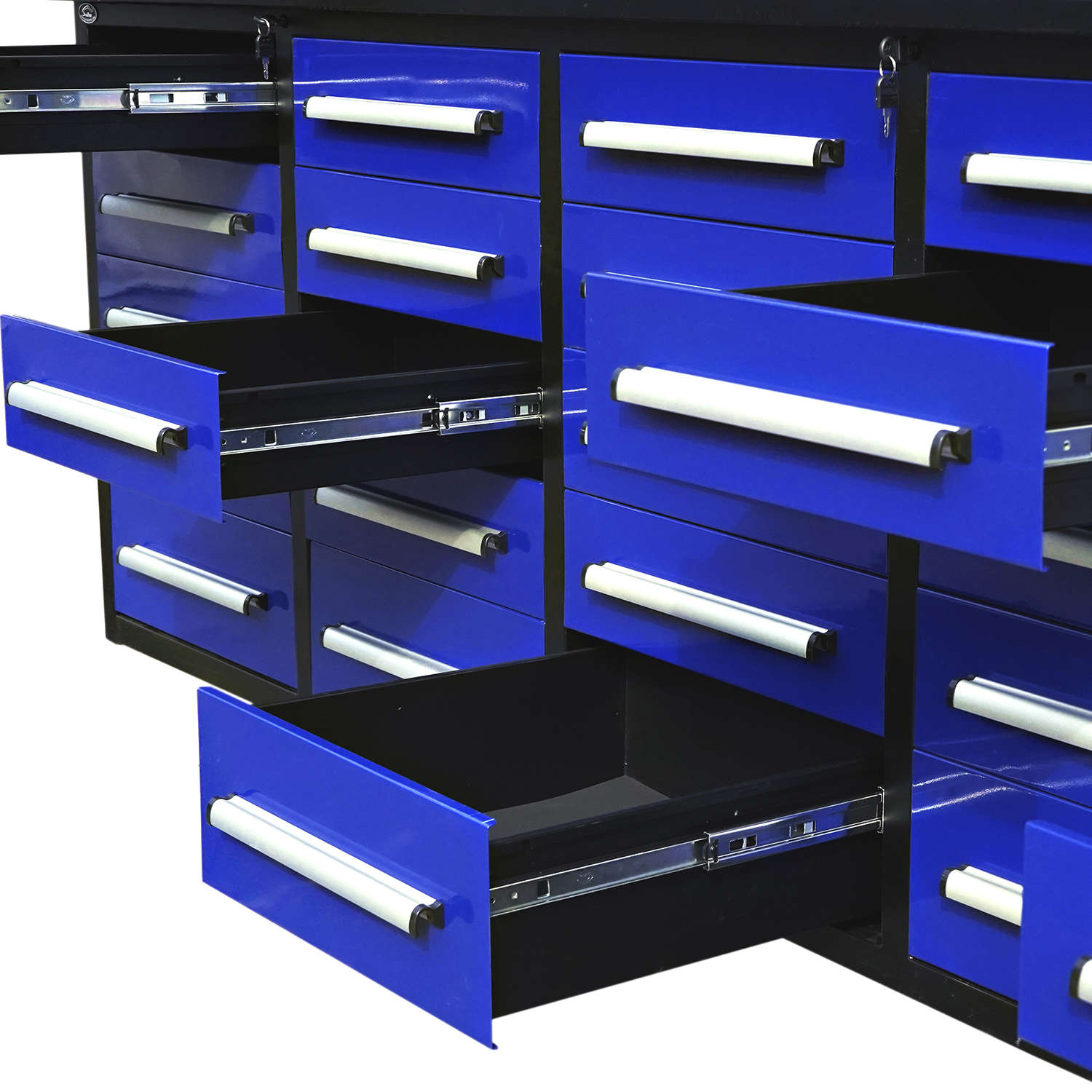 10' Mobile 25-Drawer Steel Storage Workbench with Plywood-Lined Top
