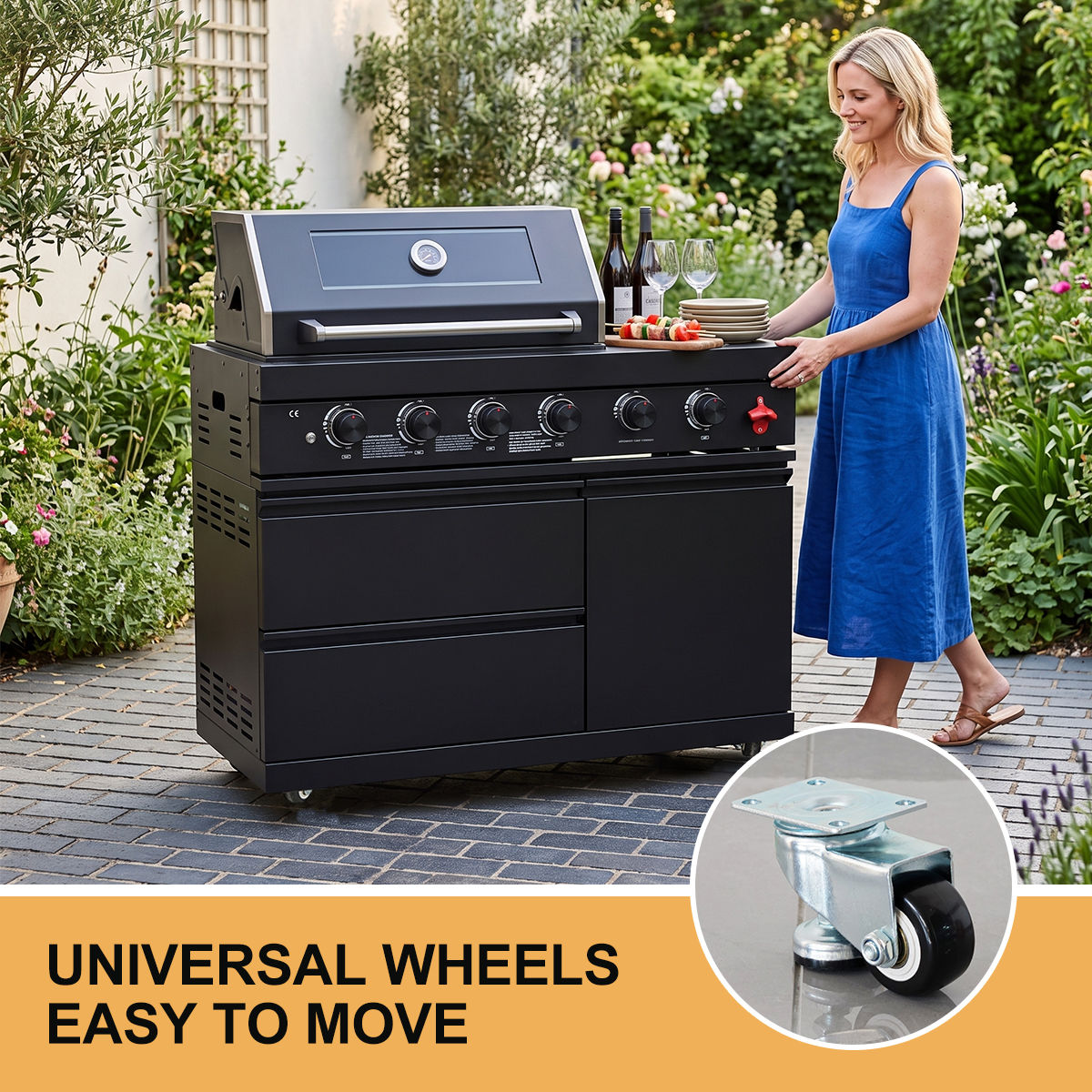 65" Outdoor Kitchen with 4-Burner Grill, Round Side Burner & Refrigerator – Black