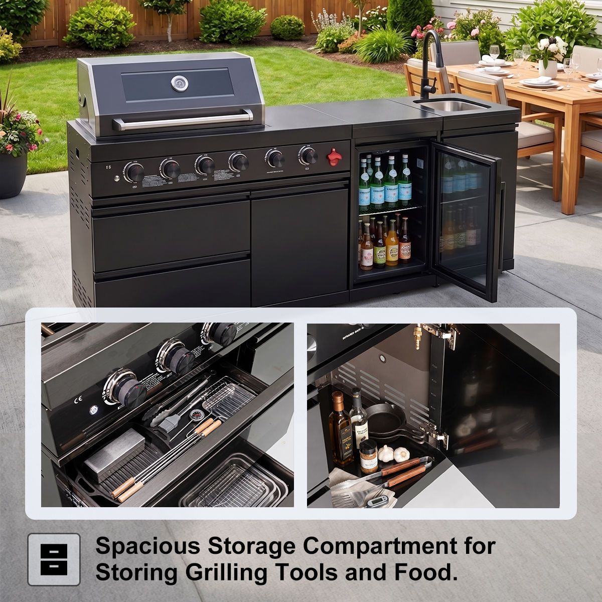 102" 85,000 BTU Outdoor Kitchen with 6-Burner Grill, Refrigerator & Sink – Black