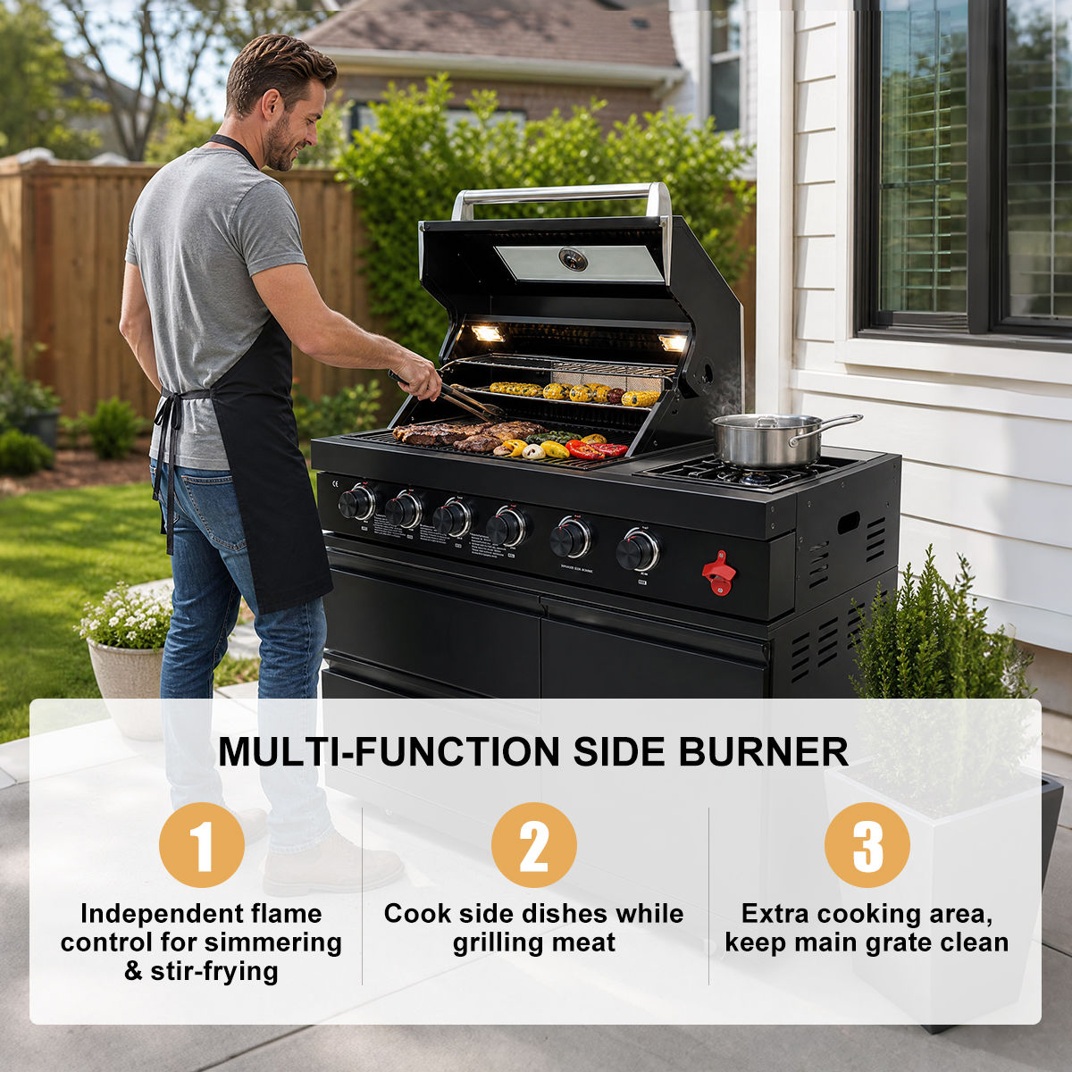 65" Outdoor Kitchen with 4-Burner Grill, Beverage Refrigerator & Marble Countertops – Black