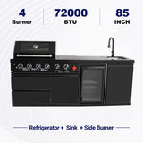 85" Outdoor Kitchen with 4-Burner Grill, Compact Refrigerator & Sink – Black