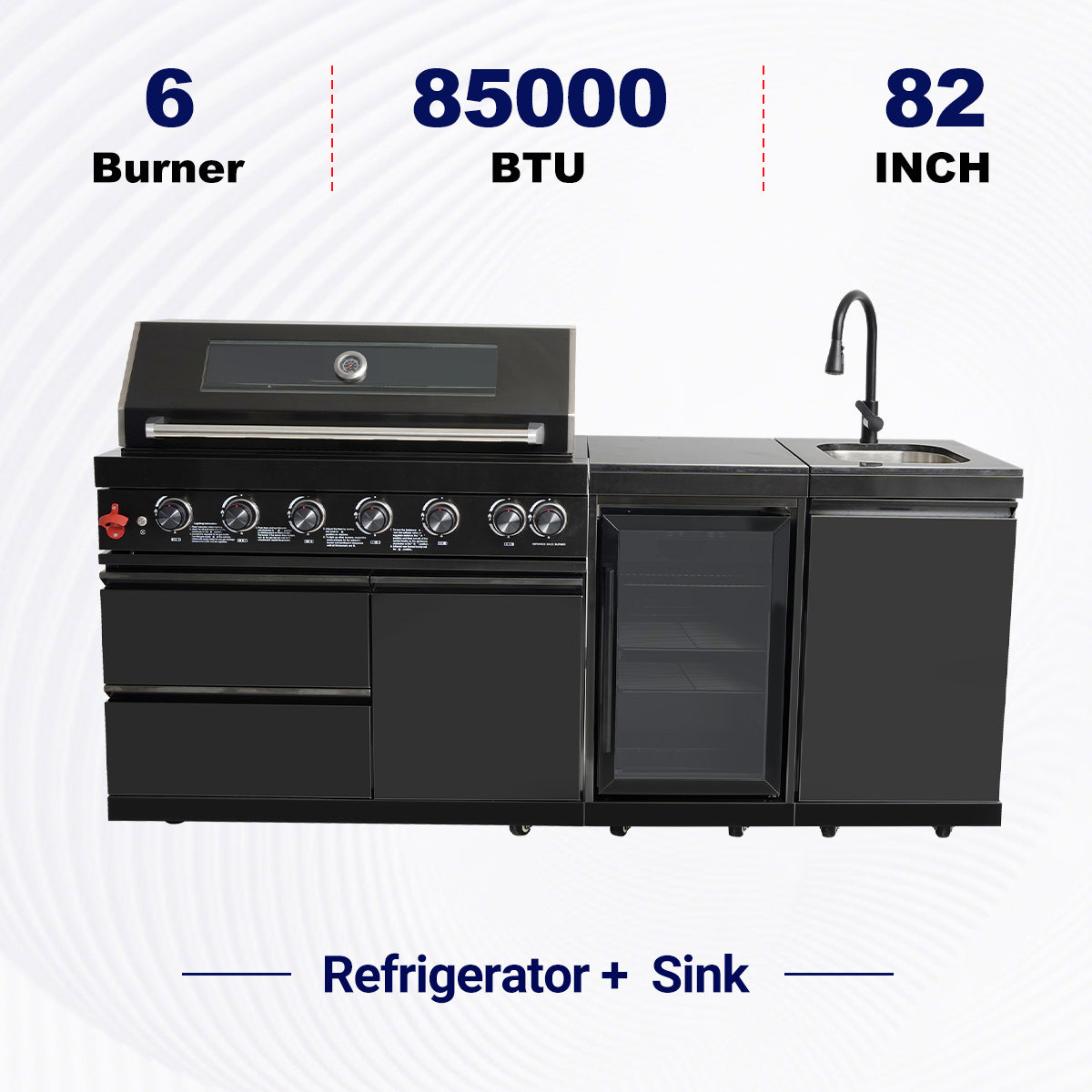 82" 85,000 BTU Outdoor Kitchen with 6-Burner Grill, Sink & Beverage Refrigerator – Black