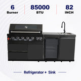82" 85,000 BTU Outdoor Kitchen with 6-Burner Grill, Sink & Beverage Refrigerator – Black