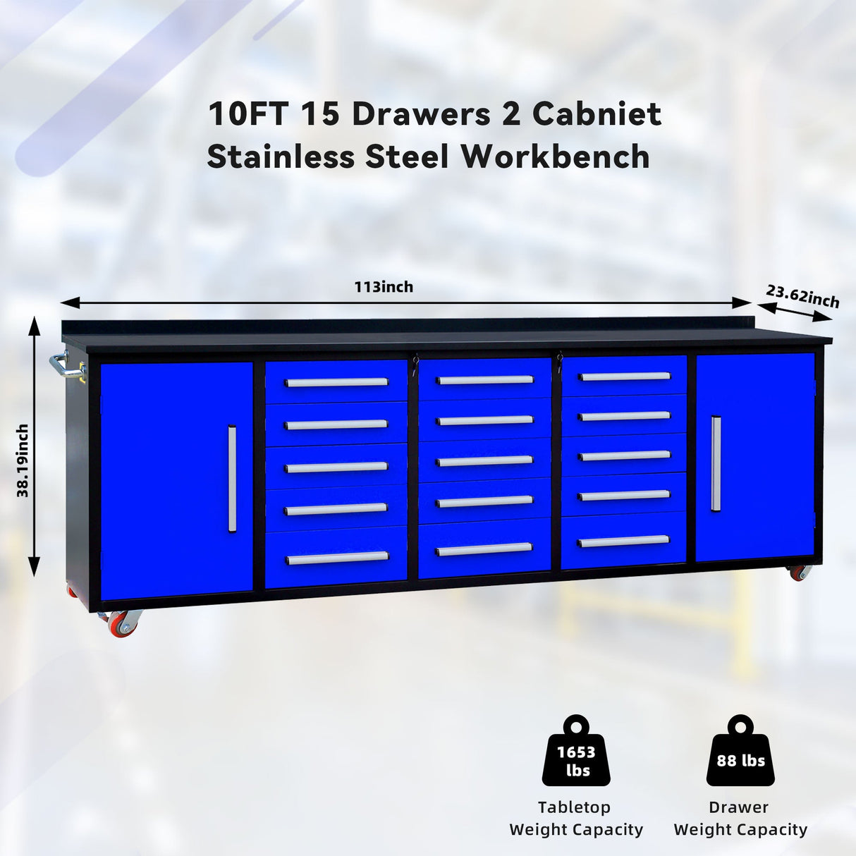10' Mobile 15-Drawer Steel Storage Workbench with Plywood-Lined Top