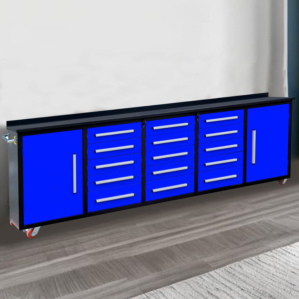 10' Mobile 15-Drawer Steel Storage Workbench with Plywood-Lined Top