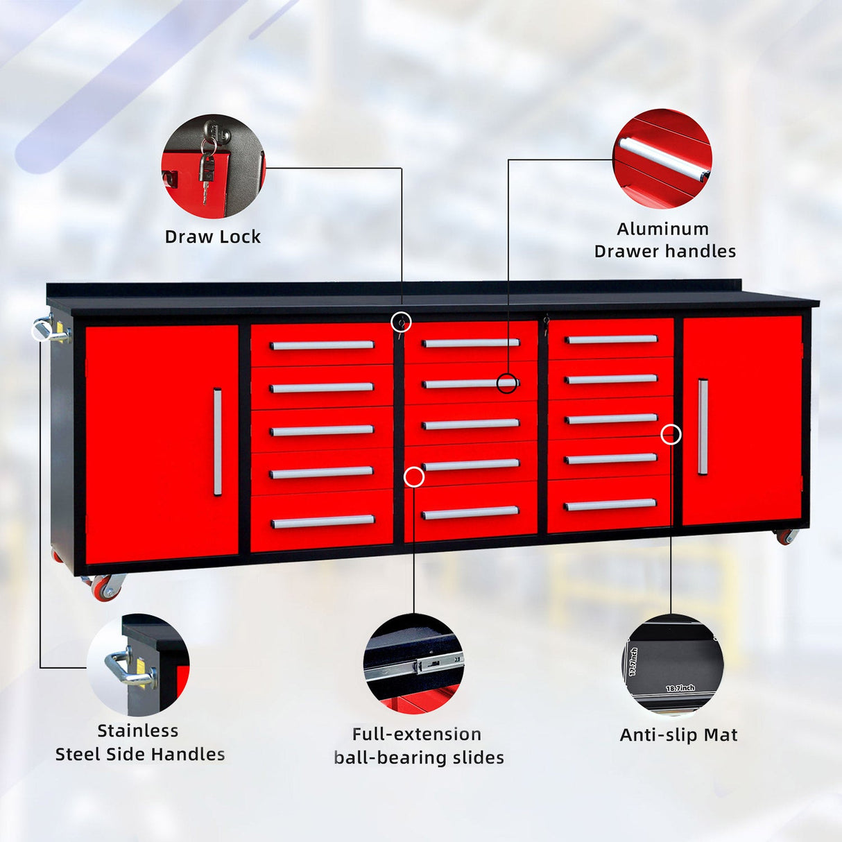 10' Mobile 15-Drawer Steel Storage Workbench with Plywood-Lined Top