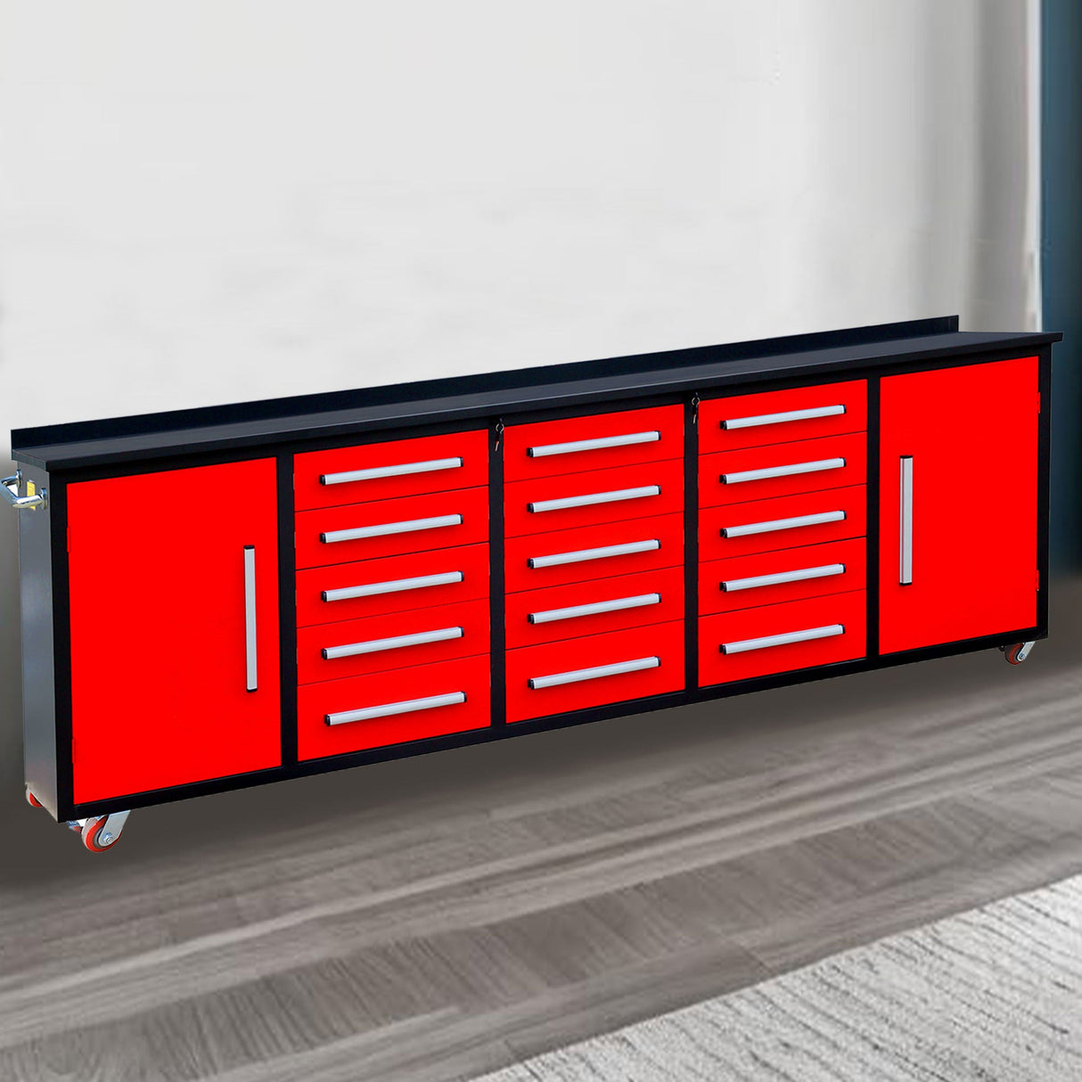 10' Mobile 15-Drawer Steel Storage Workbench with Plywood-Lined Top