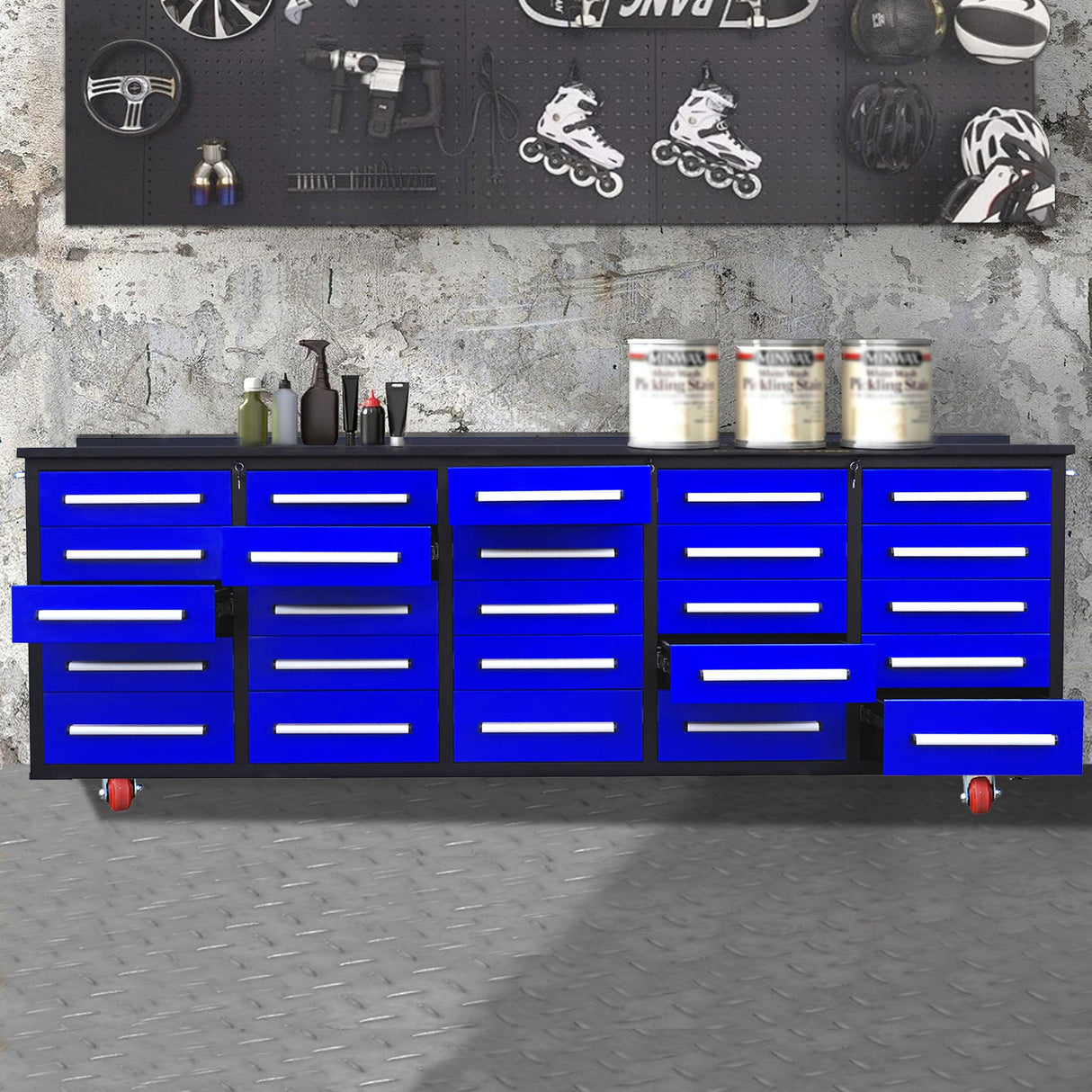 10' Mobile 25-Drawer Steel Storage Workbench with Plywood-Lined Top