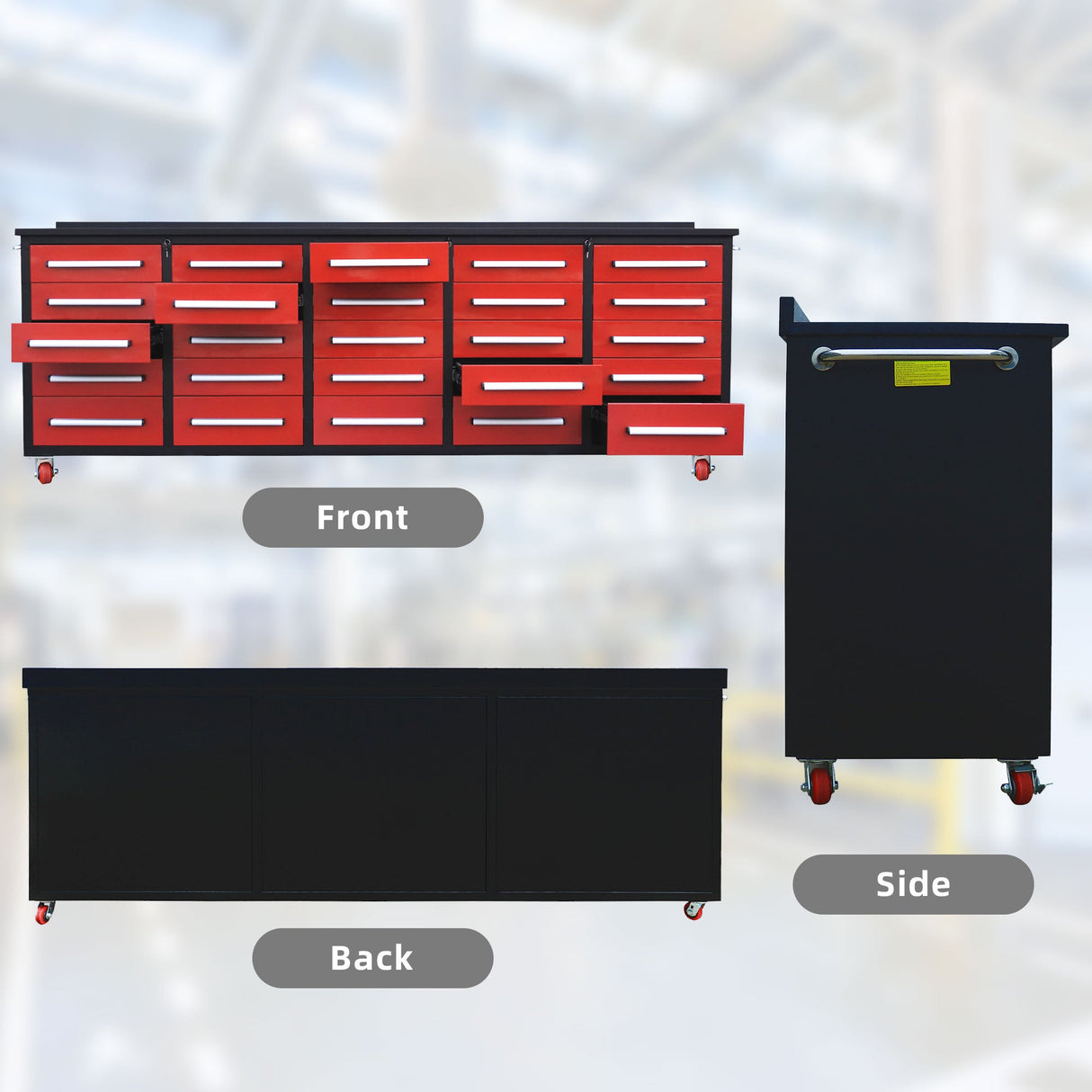 10' Mobile 25-Drawer Steel Storage Workbench with Plywood-Lined Top
