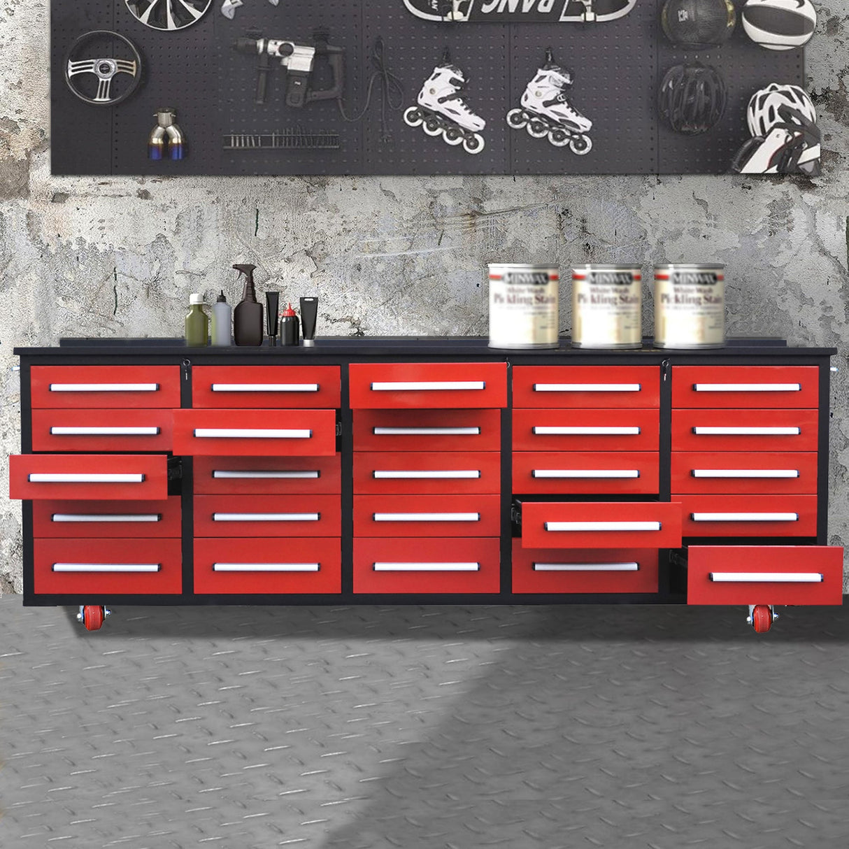 10' Mobile 25-Drawer Steel Storage Workbench with Plywood-Lined Top