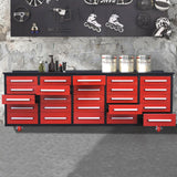 10' Mobile 25-Drawer Steel Storage Workbench with Plywood-Lined Top
