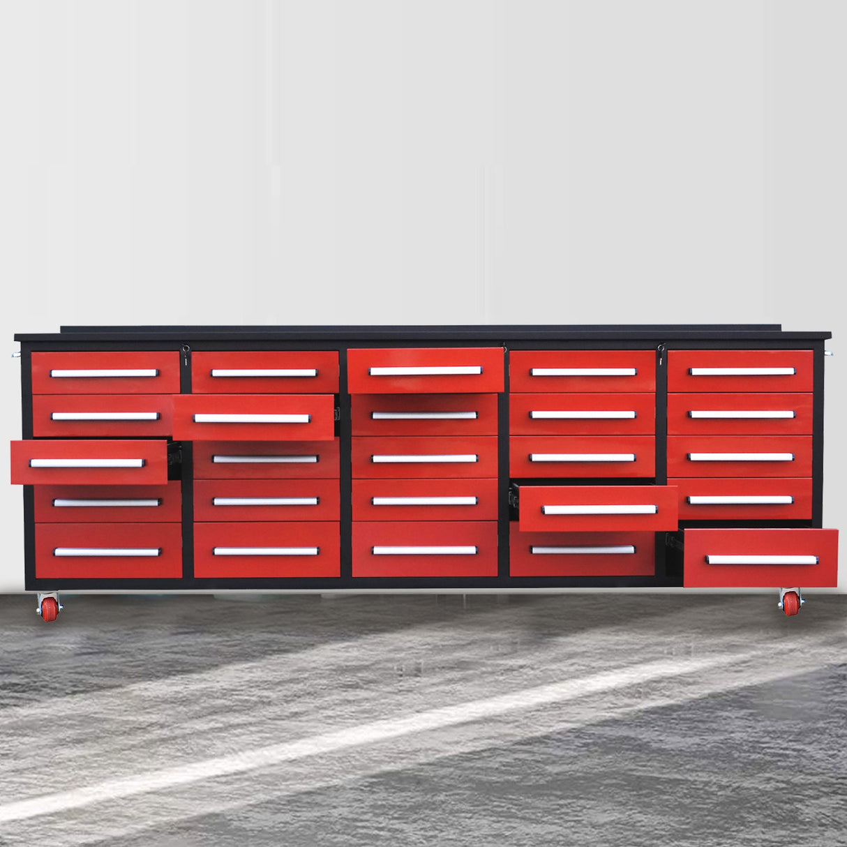 10' Mobile 25-Drawer Steel Storage Workbench with Plywood-Lined Top