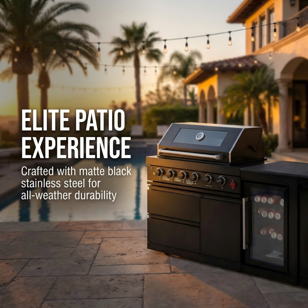 104" Stainless Steel Outdoor Kitchen Island with 4-Burner Grill, Beverage Cooler & Sink – Black