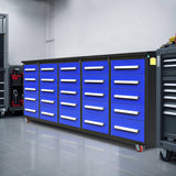 10' Mobile 25-Drawer Steel Storage Workbench with Plywood-Lined Top