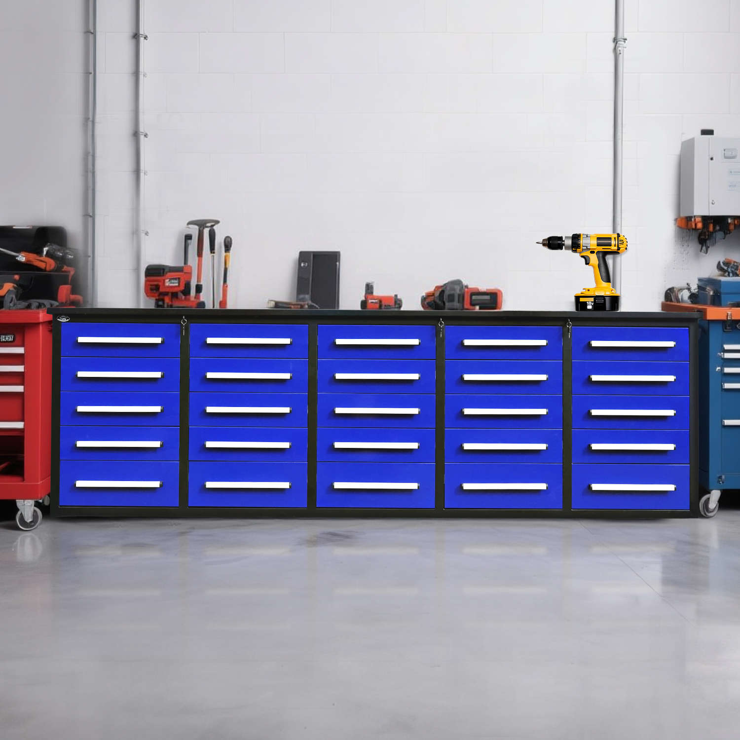 10' Heavy-Duty 25-Drawer Steel Workbench – Stationary