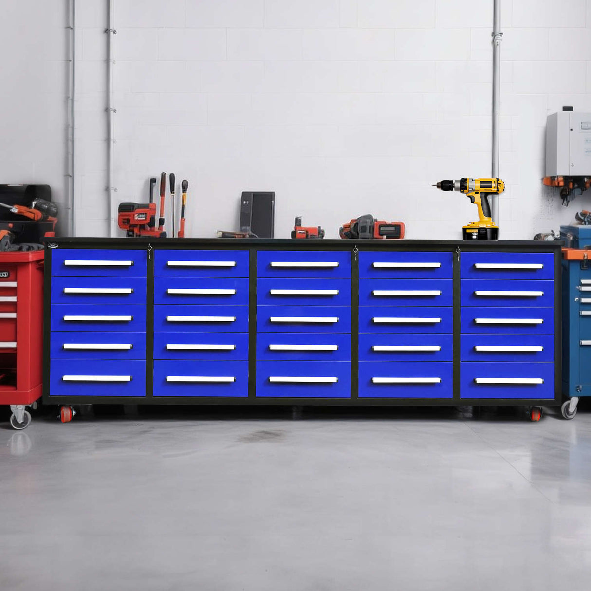 10' Mobile 25-Drawer Steel Storage Workbench with Plywood-Lined Top