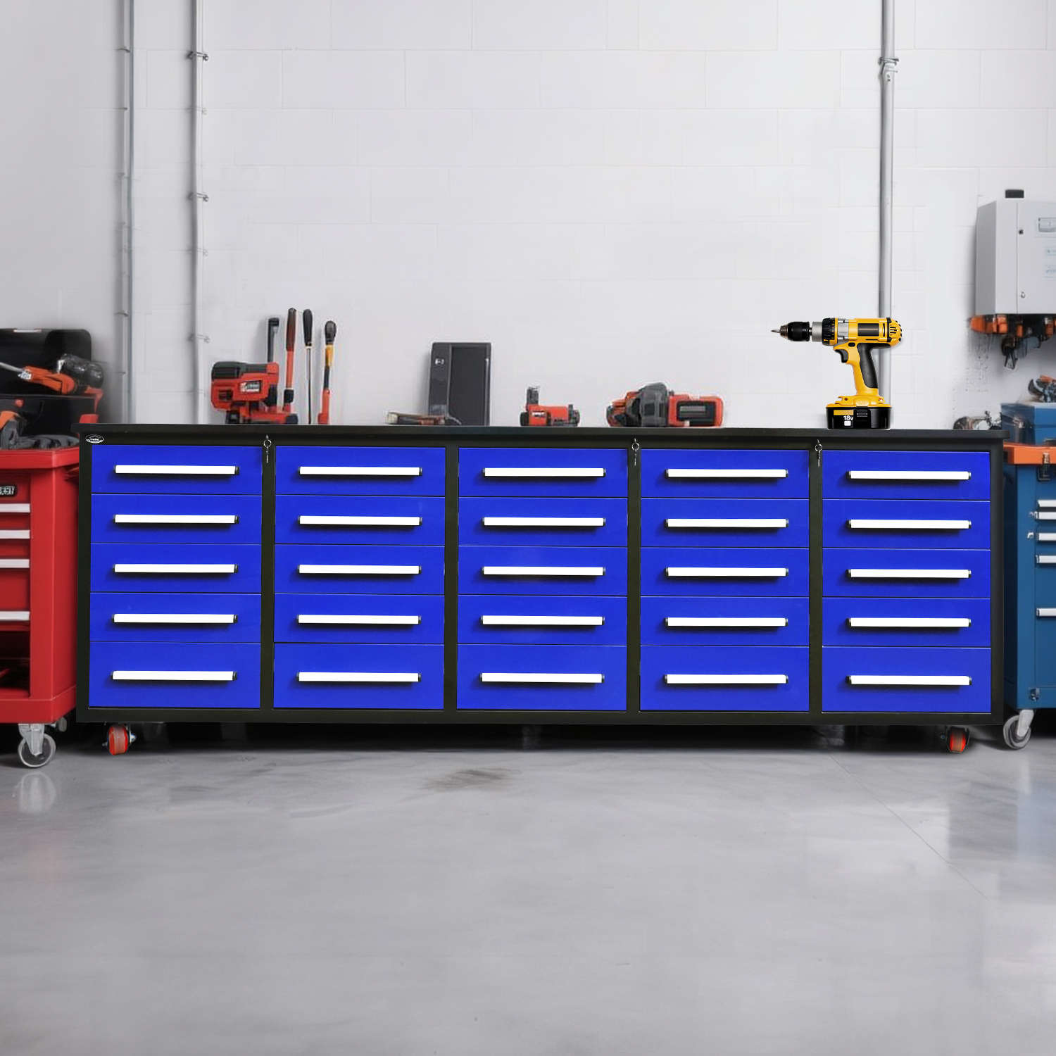 10' Mobile 25-Drawer Steel Storage Workbench with Plywood-Lined Top