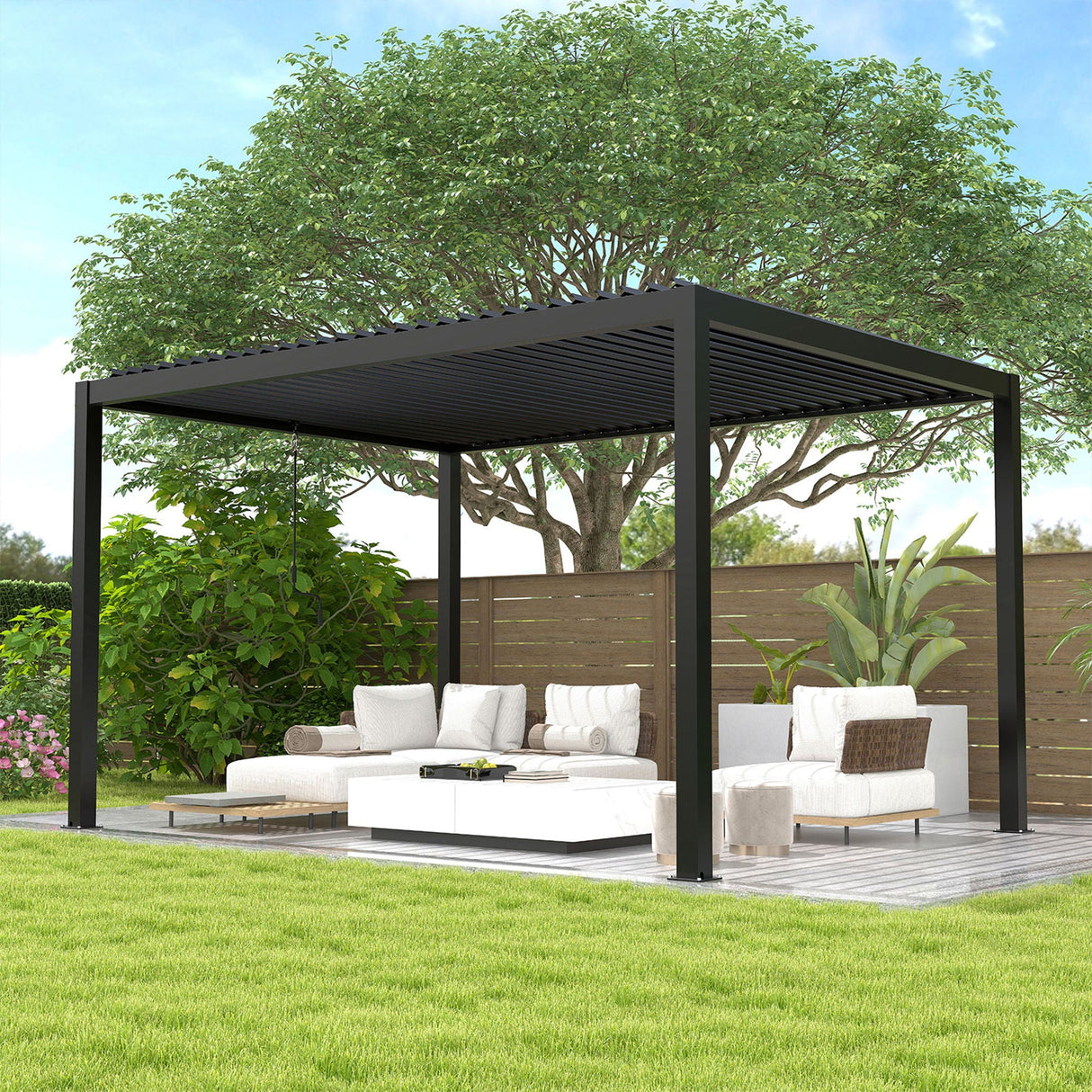 Adjustable Louvered Pergola with Hand Crank & Drainage System – Black