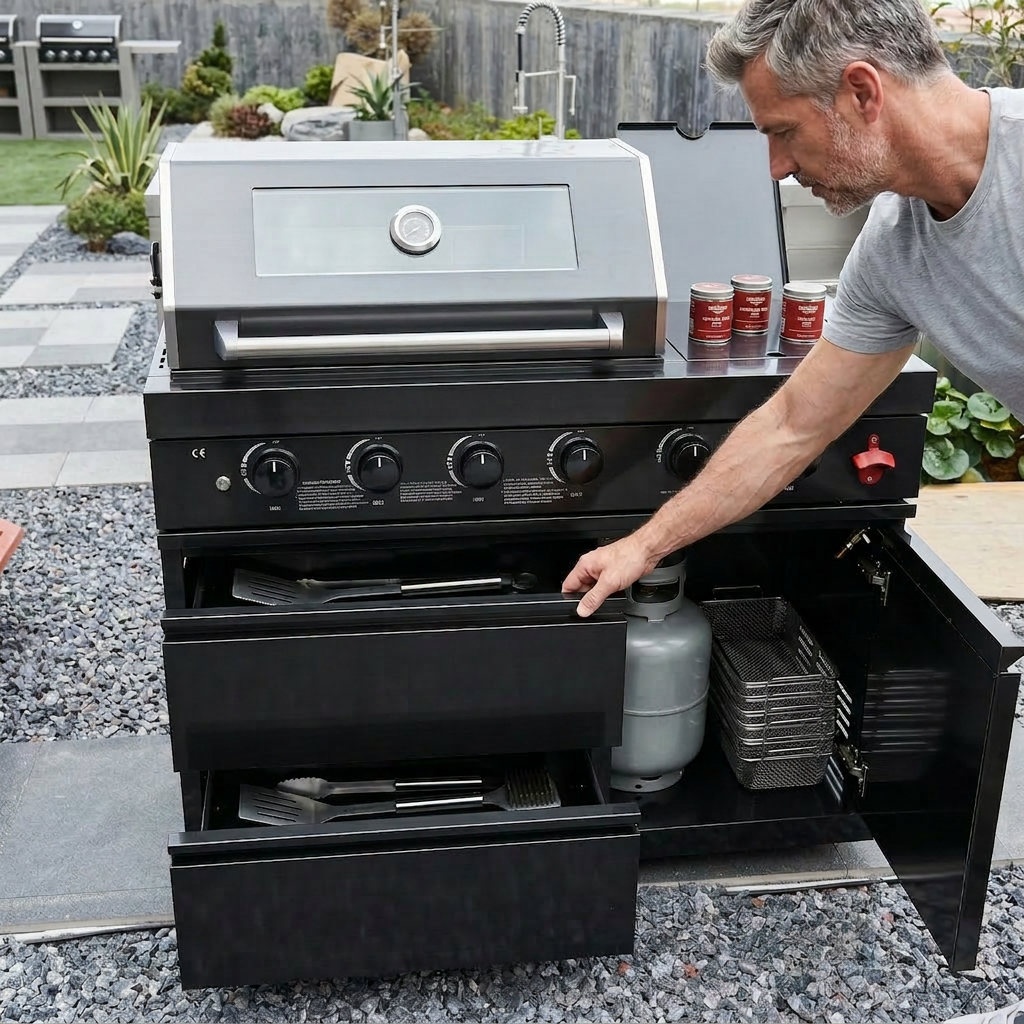 46" Modular Black Stainless Steel Grill Station with 4 Burners & Side Burner
