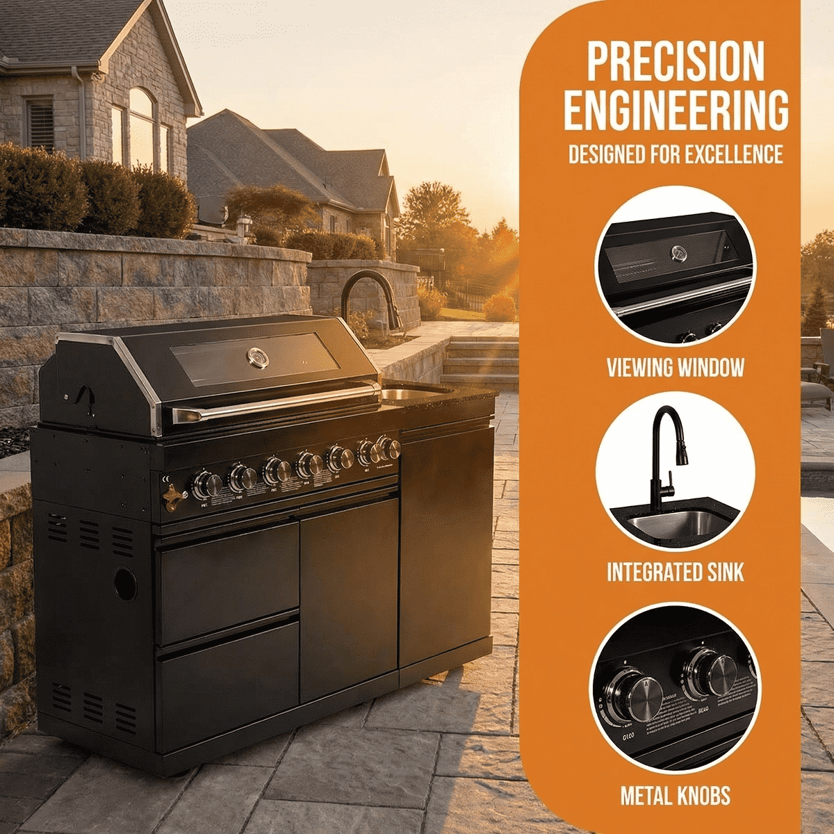 63" Six-Zone 85,000 BTU Outdoor Kitchen with Refrigerator & Sink – Black