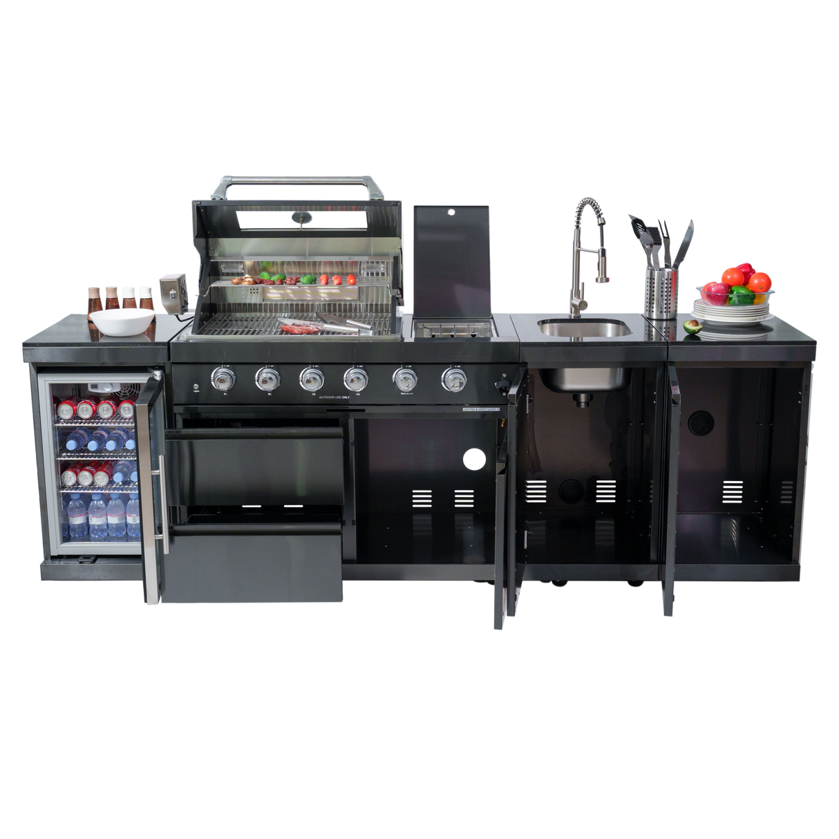 104" Propane Outdoor Kitchen with 4-Burner Grill, Refrigerator & Storage – Black