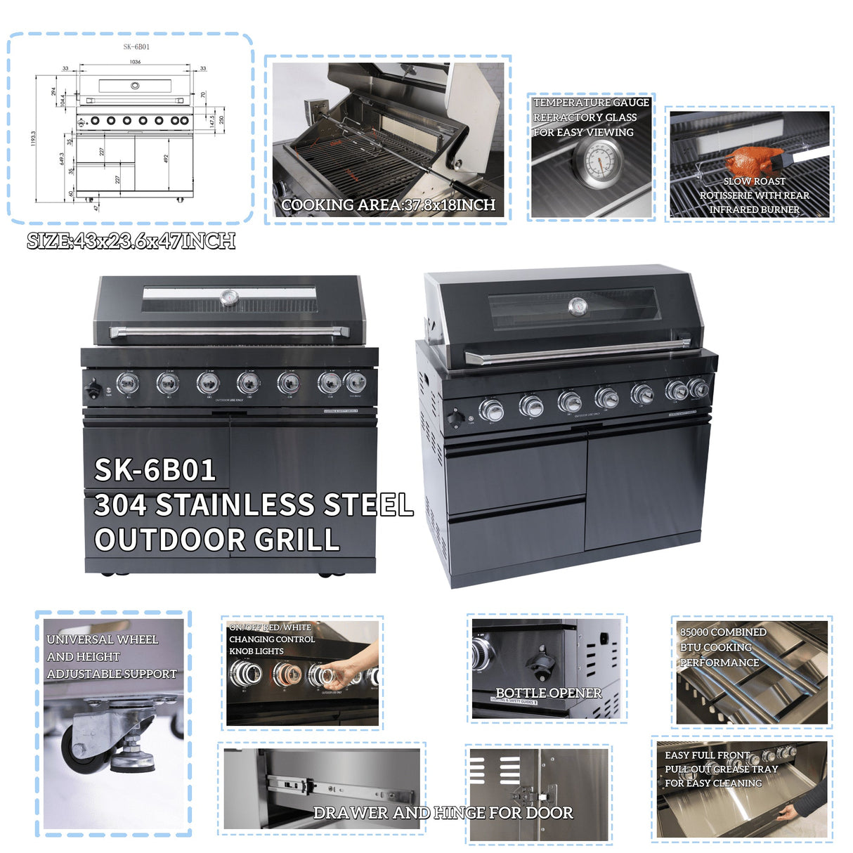 85" Natural Gas Outdoor Kitchen with 6-Burner Grill, Refrigerator, Rotisserie & Sink – Black