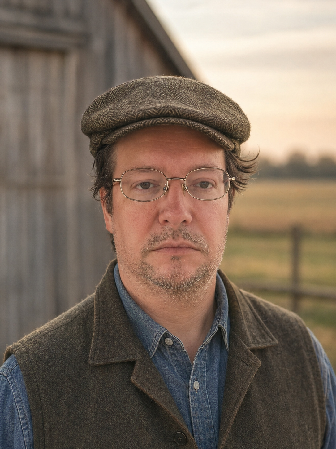 Bobby Payne, owner of Flint Hills Barns and Buildings Co., wearing a flat cap outdoors in rural Kansas