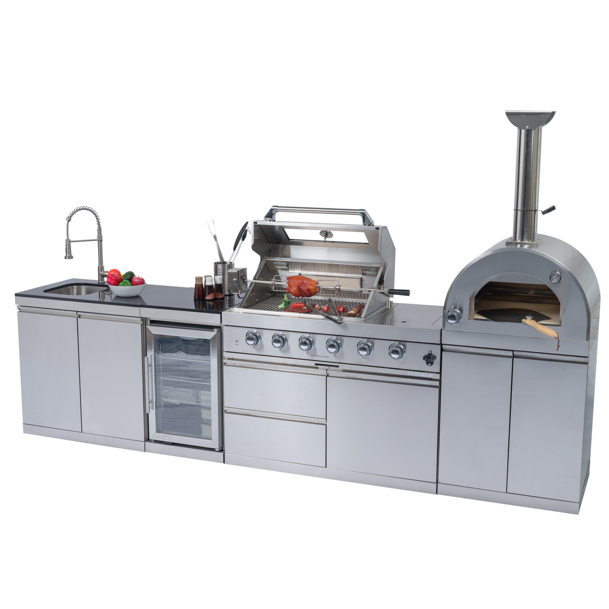 125" 107,000 BTU Outdoor Kitchen with 4-Burner Grill, Pizza Oven & Refrigerator