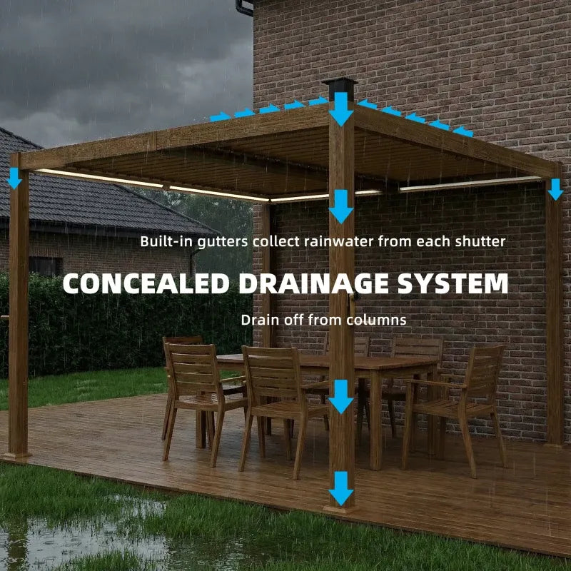 9.8' × 9.8' Metal Louvered Pergola with Solar LED Lighting – Brown