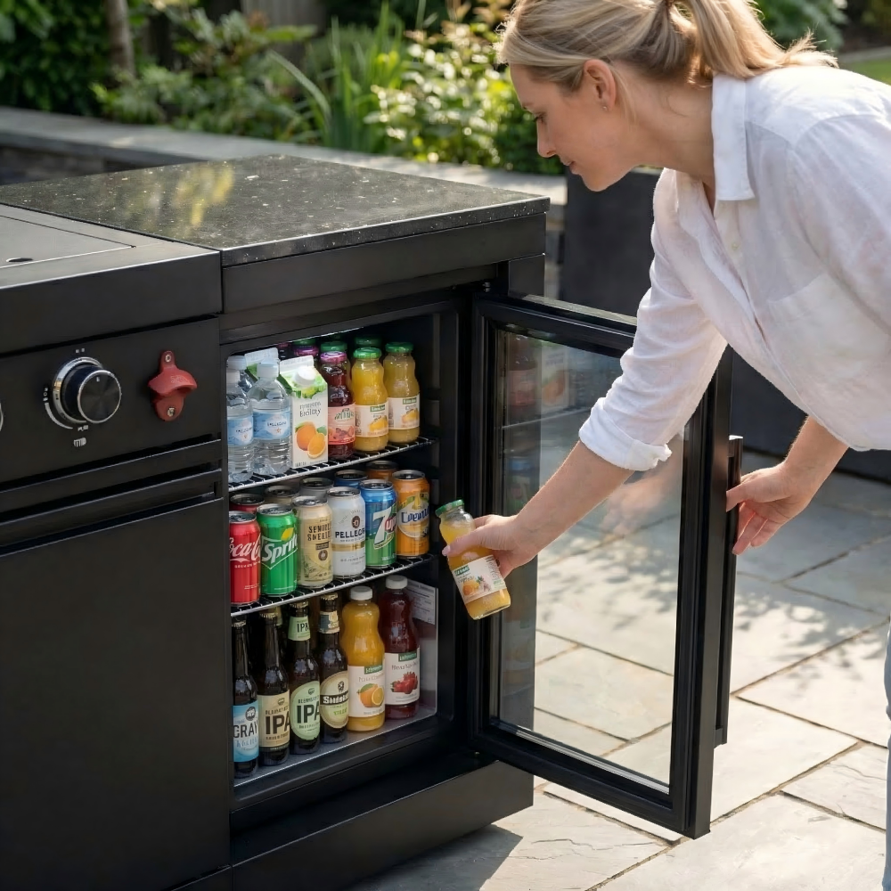 85" Outdoor Kitchen with 4-Burner Grill, Compact Refrigerator & Sink – Black
